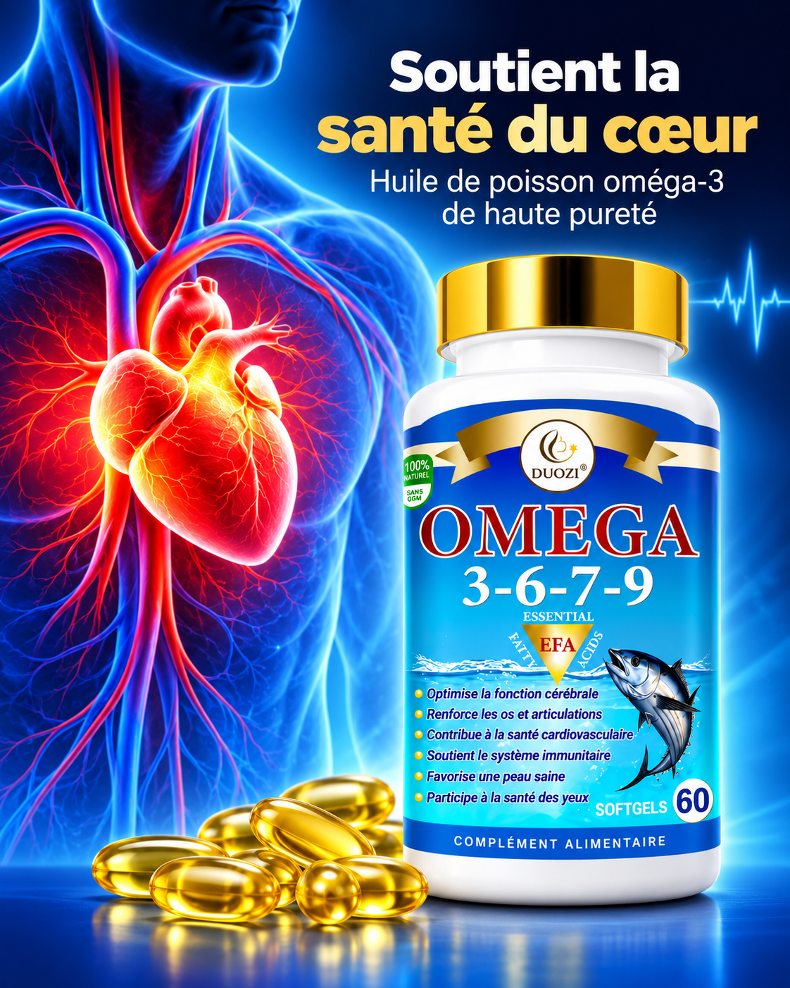 🧠 OMEGA 3-6-7-9 DUOZI® — Protection Cœur, Cerveau & Énergie